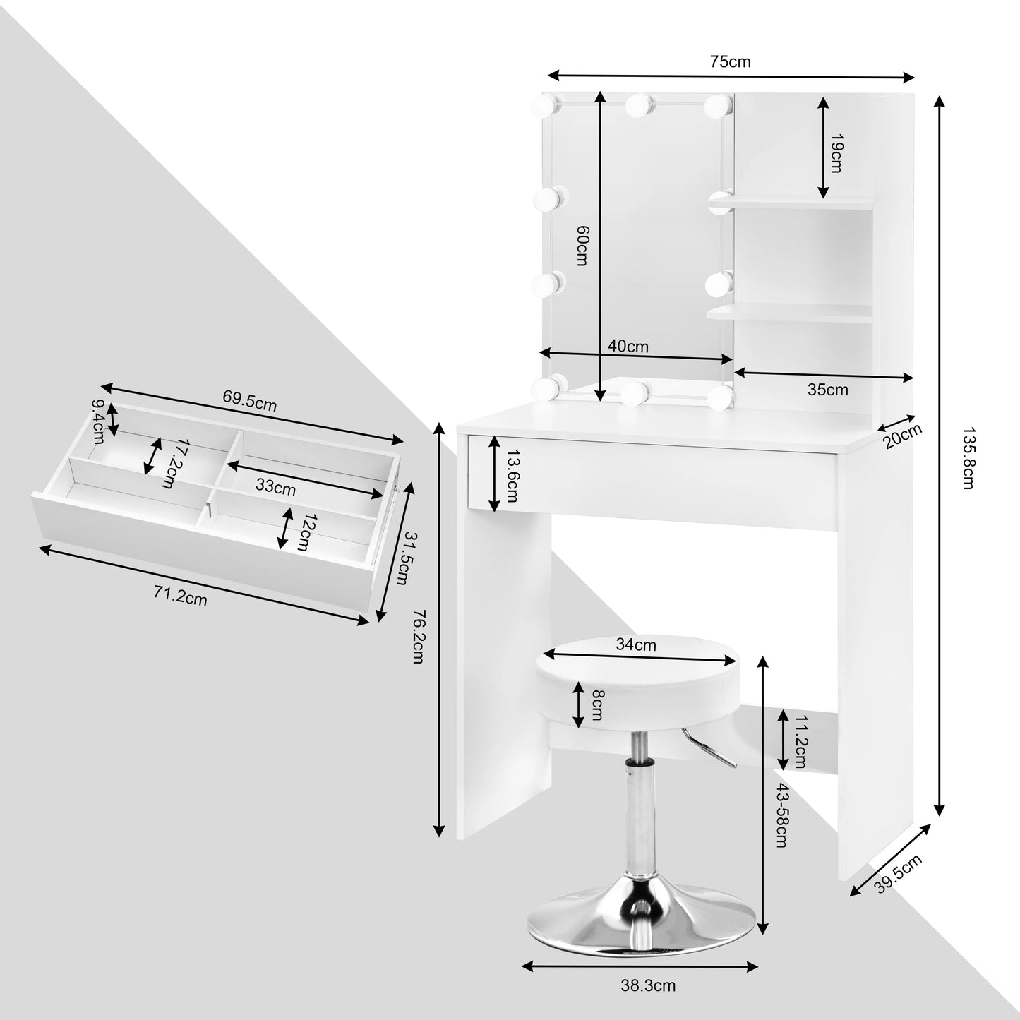 Luna Make-up Table with Chair & LED Mirror